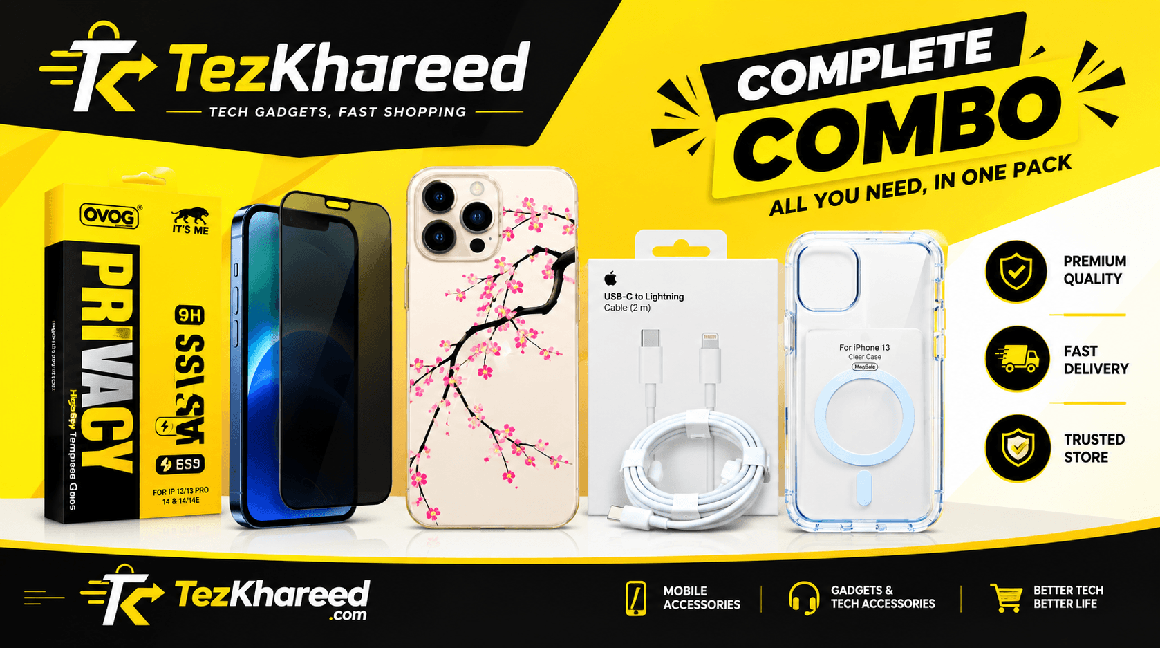 iPhone Combo Deal — Case, Privacy Glass, Back Skin & USB-C to USB-C Cable — MagSafe-compatible clear case