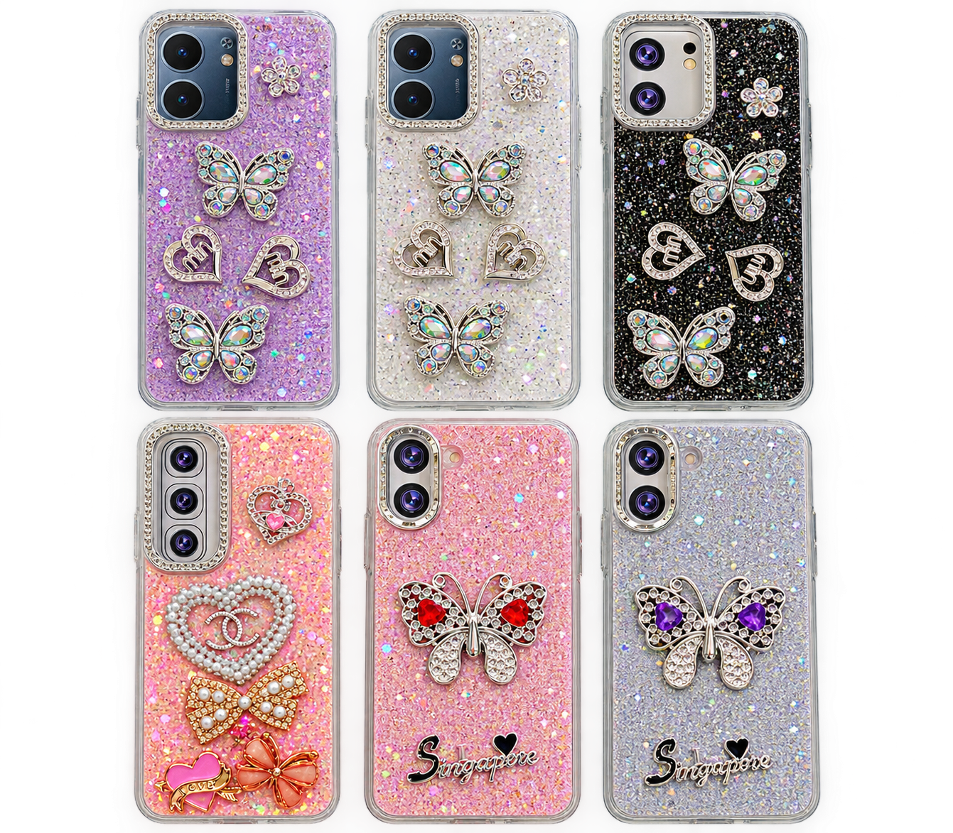 Ladies Glitter Butterfly Case — All Models — 3D crystal butterflies, heart charm and flower charm